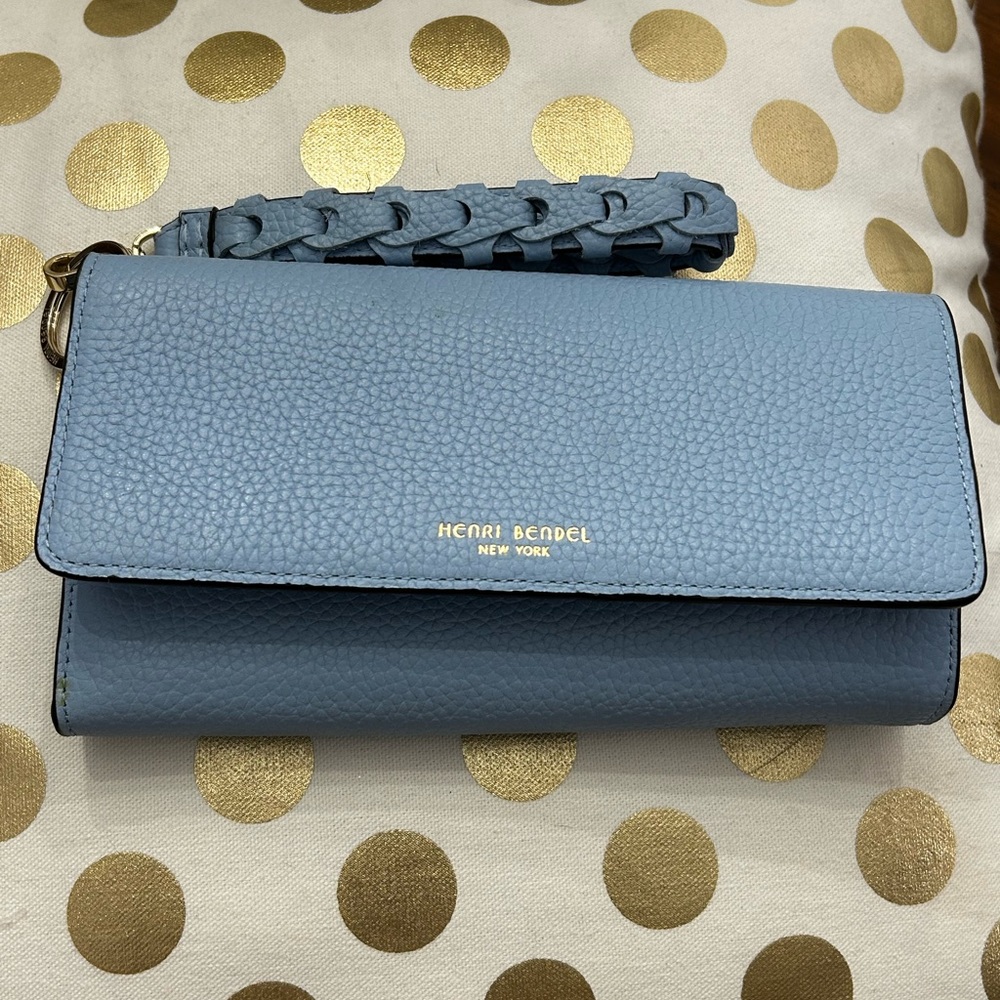 Henri Bendel New York Light Blue Leather Wristlet Clutch Braided Strap - Picture 16 of 16